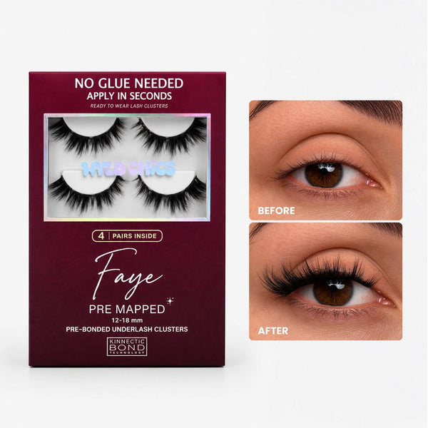 Faye pre-mapped lash clusters box, 4 pairs, no glue needed, with before and after eye close-ups