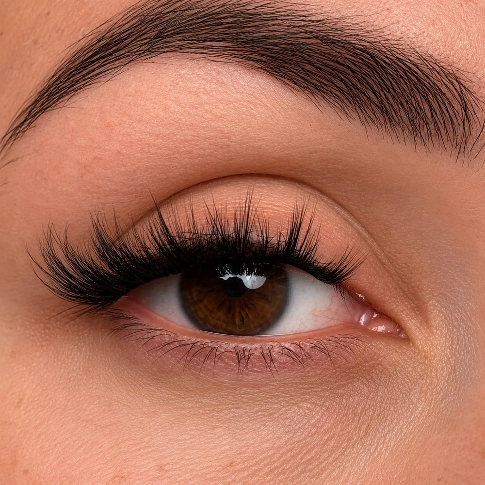 Close-up of an eye wearing Faye fox eye pre-mapped lash clusters by Wyld Chics