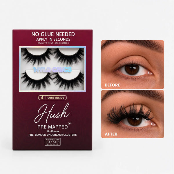 Hush pre-mapped lash clusters box, 4 pairs, no glue needed, with before and after eye close-ups