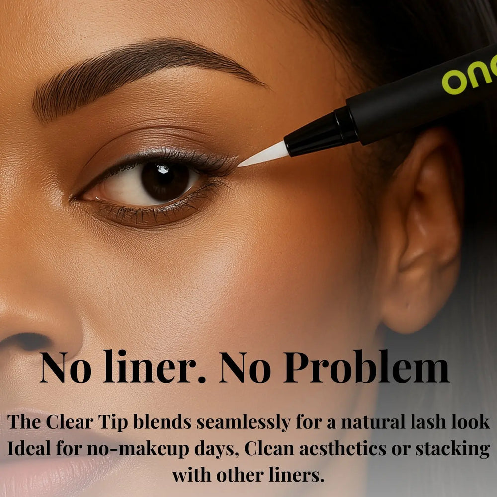 Model applying the QuickLash DUO clear tip along the lash line, text: No liner, No problem